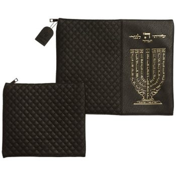 סט טלית תפילין דמוי עור שחור אותיות בולטות "שיויתי" זהב