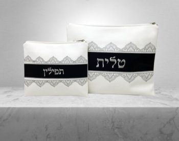 כיסויים לטלית דמוי עור לבן כחול מנדלה רקמת כסף