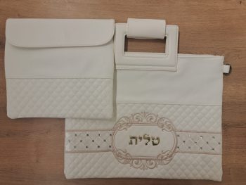 סט לטלית ותפילין לבן דגם מלכותי קלאסי